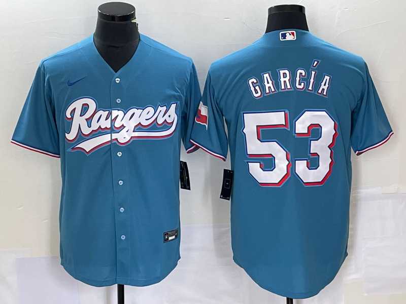 Mens Texas Rangers #53 Adolis Garcia Light Blue With Patch Cool Base Stitched Baseball Jersey